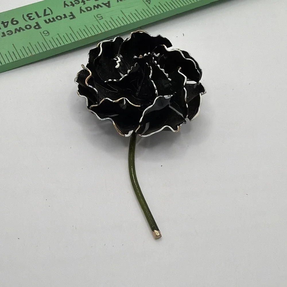 Vintage‎ 1950s Silver Tone Mid Century Black Flower Brooch